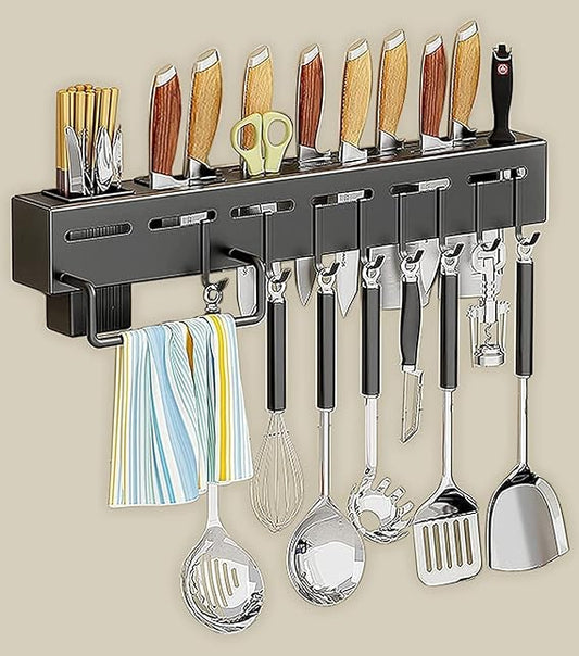 Multi-Purpose Kitchen Wall Shelf with Knife Holder & Hanging Hooks