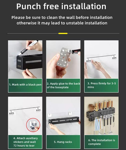 Multi-Purpose Kitchen Wall Shelf with Knife Holder & Hanging Hooks