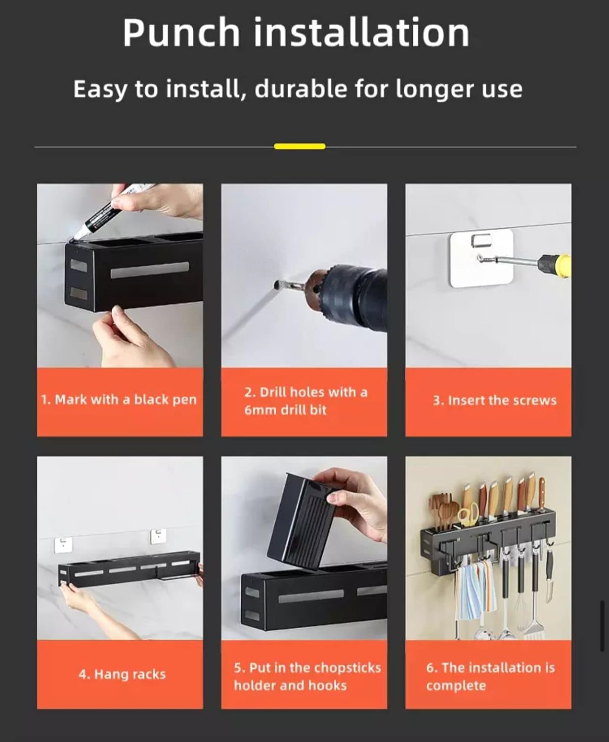 Multi-Purpose Kitchen Wall Shelf with Knife Holder & Hanging Hooks