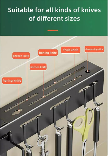 Multi-Purpose Kitchen Wall Shelf with Knife Holder & Hanging Hooks