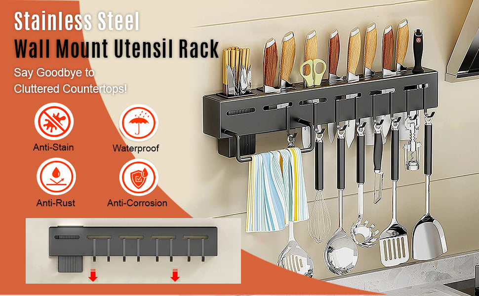 Multi-Purpose Kitchen Wall Shelf with Knife Holder & Hanging Hooks